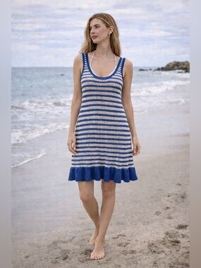 American Eagle Crochet Knit Dress Blue White Striped Ruffle Hem XL